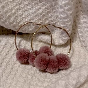 Gold hoops Mauve Puff Earrings
